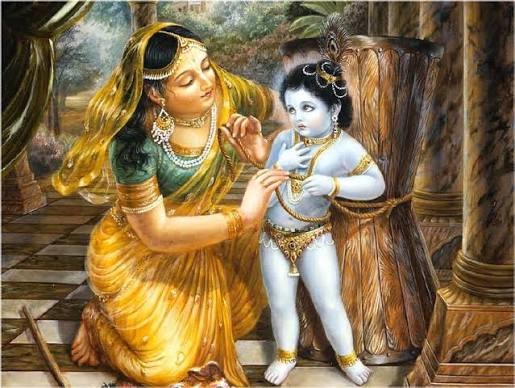 Mother Yashoda binding little Krishna to the mortar — Damodara Lila